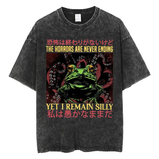 The Horrors Are Never Ending Yet I Remain Silly T-shirt Funny Japanese Style Frog Retro Washed T Shirt Men's Oversized Tees Tops - Tasawoq