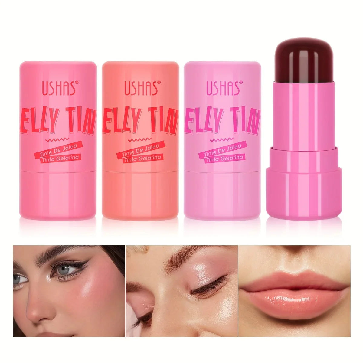 4 Colors Jelly Blush Stick Lip Balm Eyeshadow 3-in-1 Multi-Use Matte Blush Moisturize Brighten Lip Gloss - Tasawoq