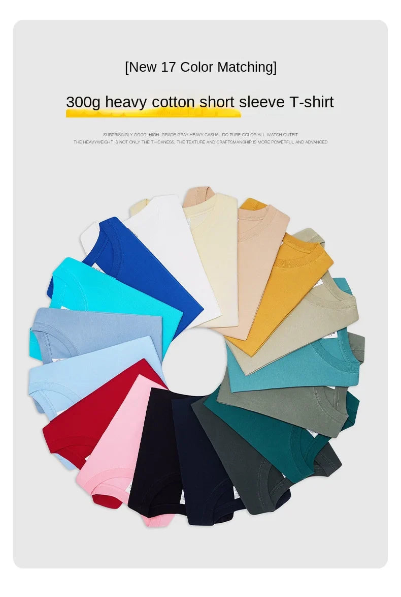 Beige 300g Heavyweight Cotton Short Sleeved T-shirt Summer Round Neck Loose and Base Shirt for Men Women Basic Tee - Tasawoq