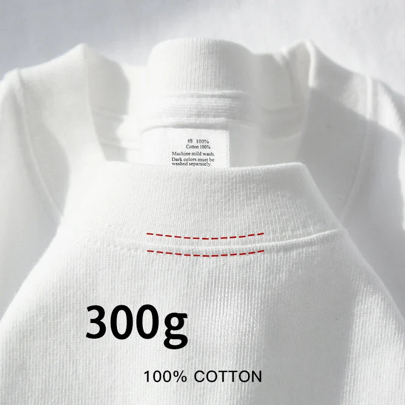 Beige 300g Heavyweight Cotton Short Sleeved T-shirt Summer Round Neck Loose and Base Shirt for Men Women Basic Tee - Tasawoq
