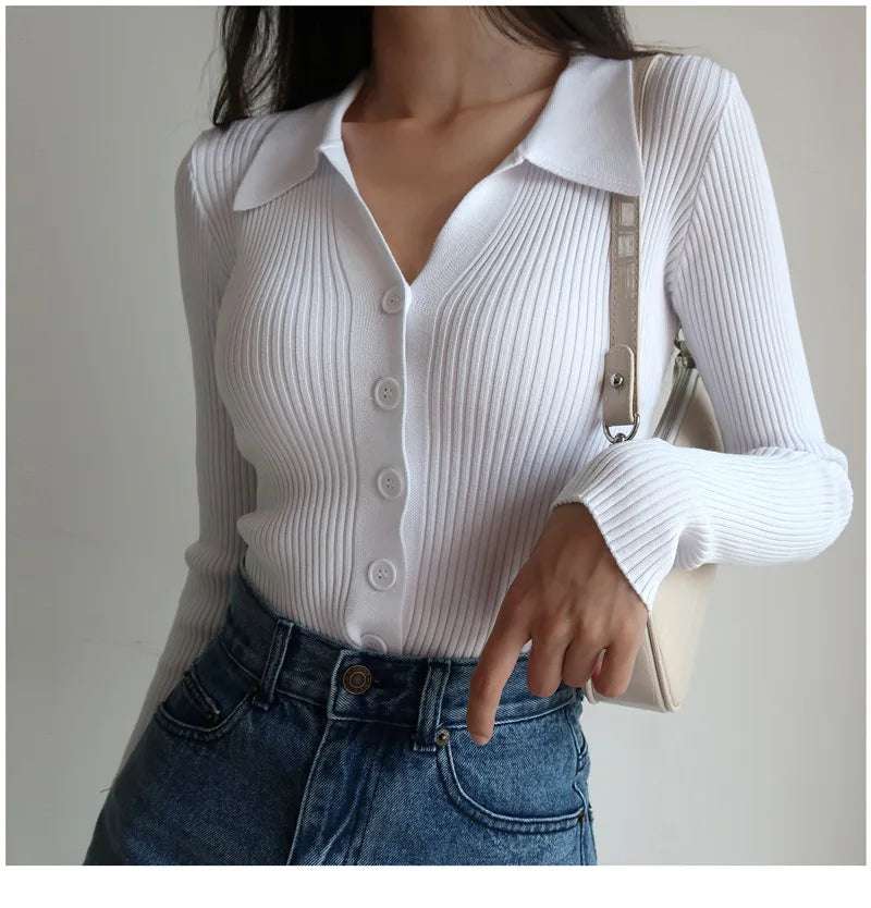 AOSSVIAO 2025 Ladies Buttons Sexy V Neck Long Sleeve POLO Neck Knit Cardigan Sweater Women Lapel Slim Tops - Tasawoq