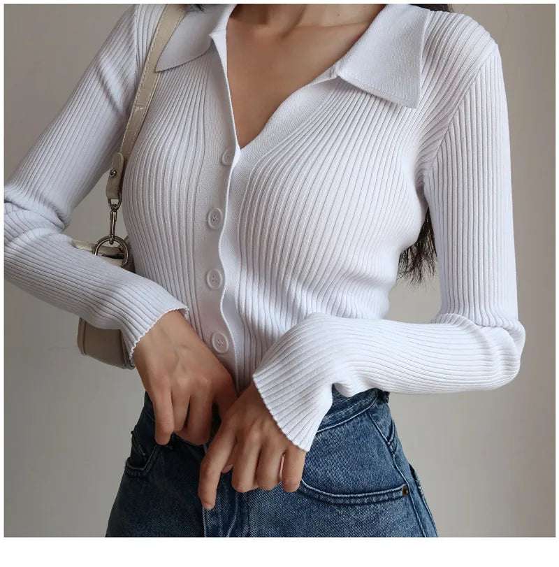 AOSSVIAO 2025 Ladies Buttons Sexy V Neck Long Sleeve POLO Neck Knit Cardigan Sweater Women Lapel Slim Tops - Tasawoq