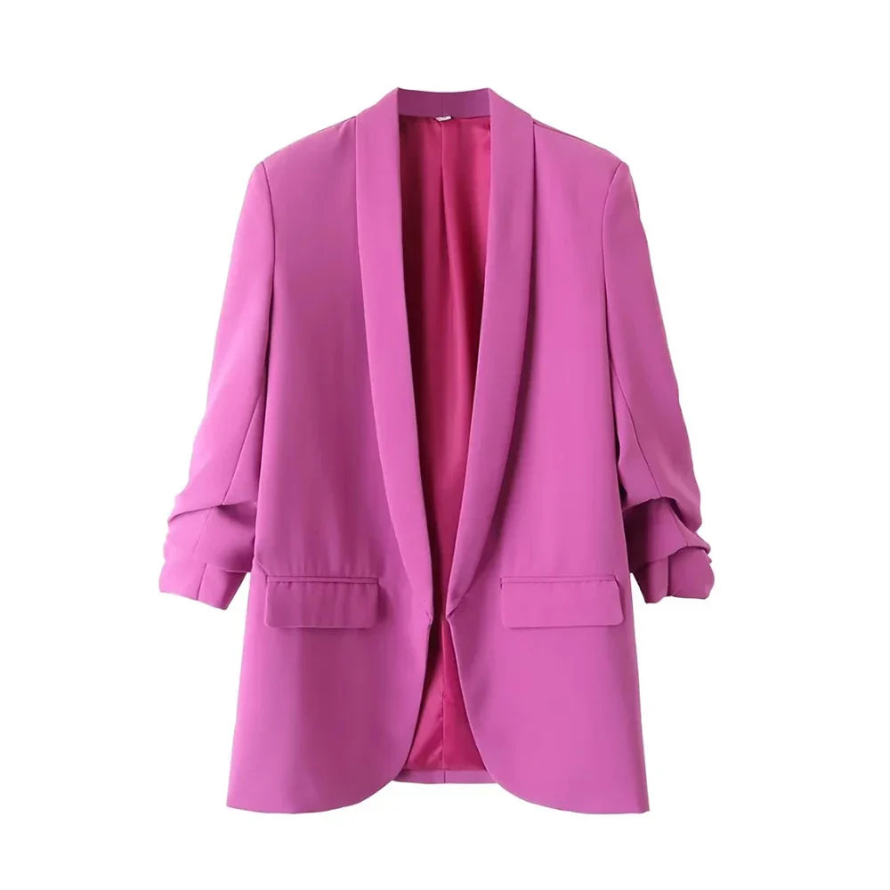 TRZA Women Fashion Office Wear Open Blazer Coat Vintage Long Pleated Sleeves Flap Pockets Female Outerwear Chic Tops - Tasawoq