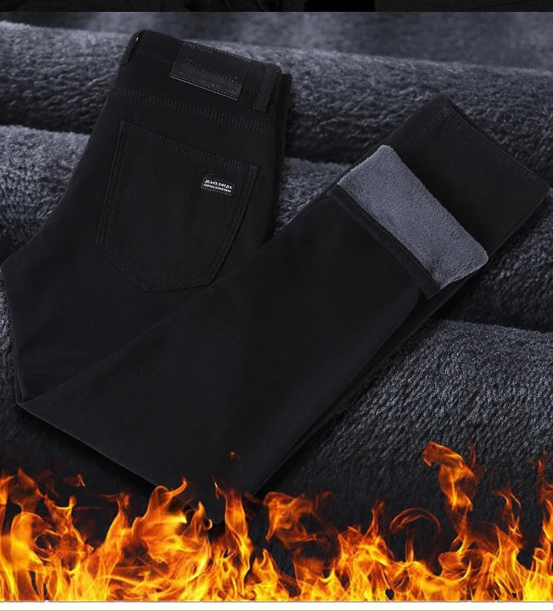 WTHINLEE Winter Men Black Straight Stretch Denim Thick Velvet Pants Warm Jeans Casual Fleece Line Trousers Male Plus Size - Tasawoq