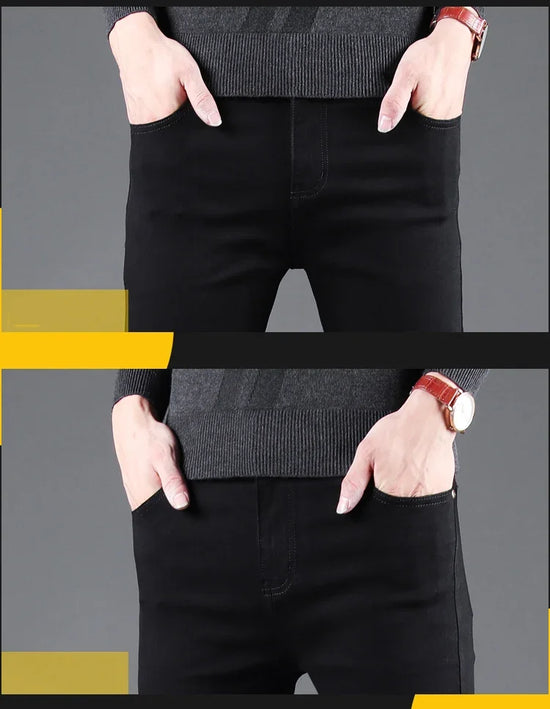 Spring Autumn New Men's Pure Black Slim Jeans Elastic Straight Pants Business Fashion Leisure Korean Vintage Denim Pants Male - Tasawoq