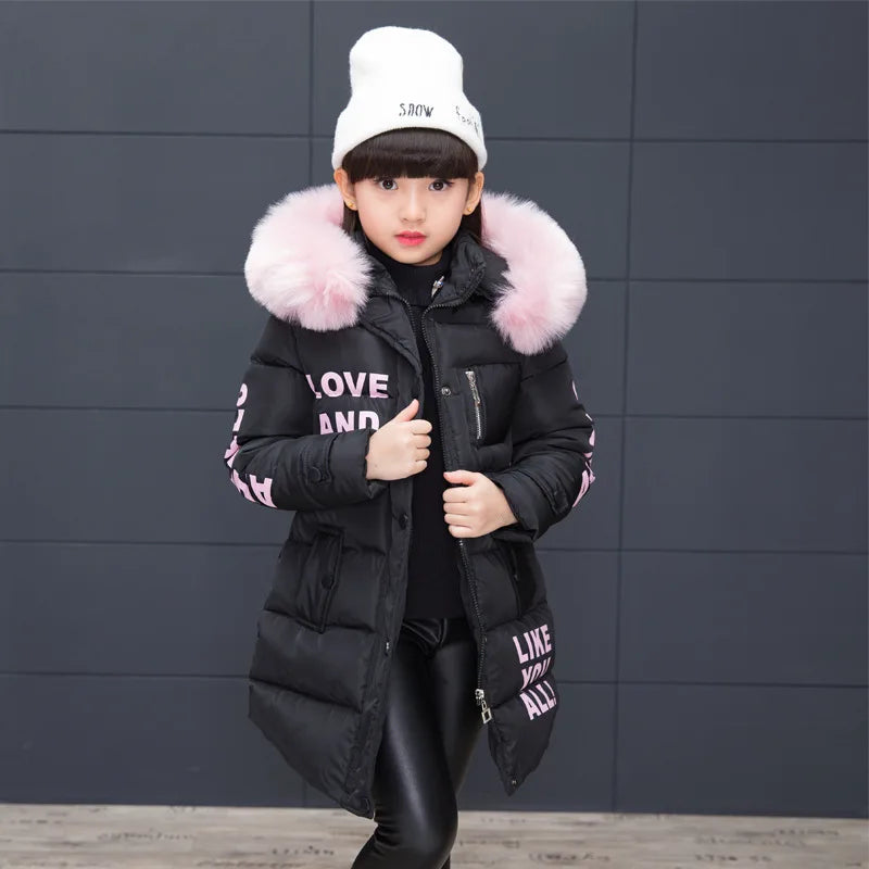 2024 Winter Warm Jackets for Girls Fashion Fur Hooded Children Girls Waterproof Outwear Kids Cotton Lined Parkas - Tasawoq