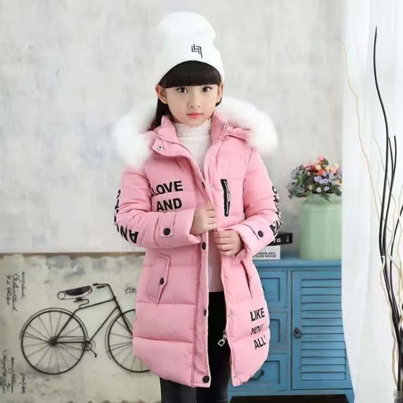 2024 Winter Warm Jackets for Girls Fashion Fur Hooded Children Girls Waterproof Outwear Kids Cotton Lined Parkas - Tasawoq