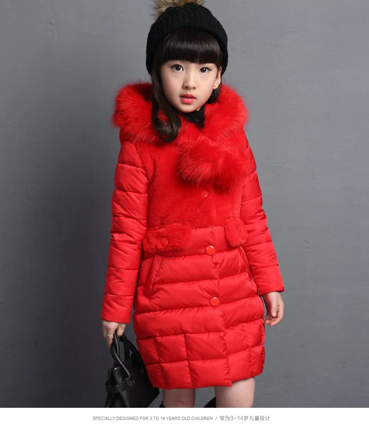 2024 Winter Warm Jackets for Girls Fashion Fur Hooded Children Girls Waterproof Outwear Kids Cotton Lined Parkas - Tasawoq