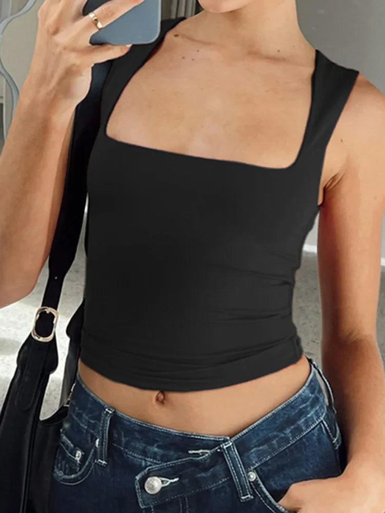 Sleeveless Collar Crop Top Women Tank Tops Casual Y2K Summer 2024 Black T Shirts Sexy - Tasawoq