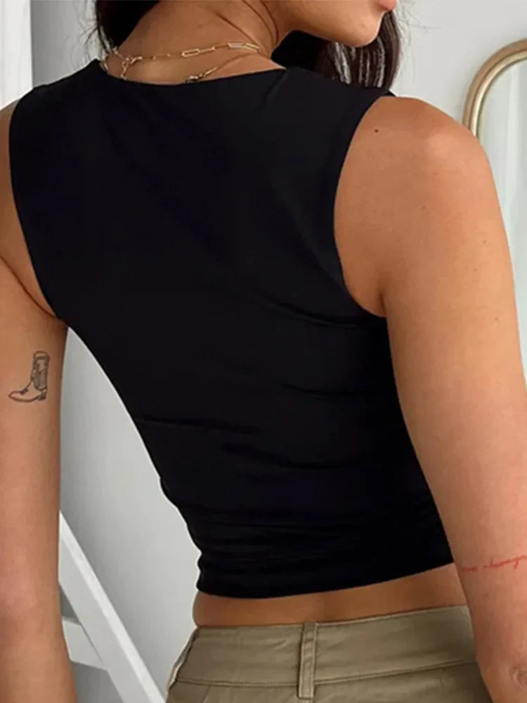 Sleeveless Collar Crop Top Women Tank Tops Casual Y2K Summer 2024 Black T Shirts Sexy - Tasawoq