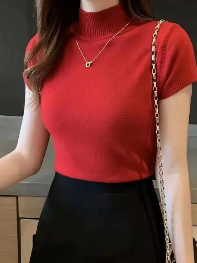 Women's Half-High Neck T-Shirt Fashion Jumper Casual Tops Korean Style Elegant Solid-Coloured Clothing Spring And Summer Season - Tasawoq