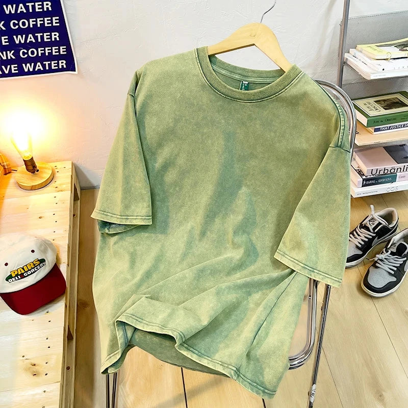 Vintage Snowflake Point Solid Color T-Shirts For Men Women 100% Cotton Short Sleeve Wash With Old Water Street Hip Hop Tee Shirt - Tasawoq