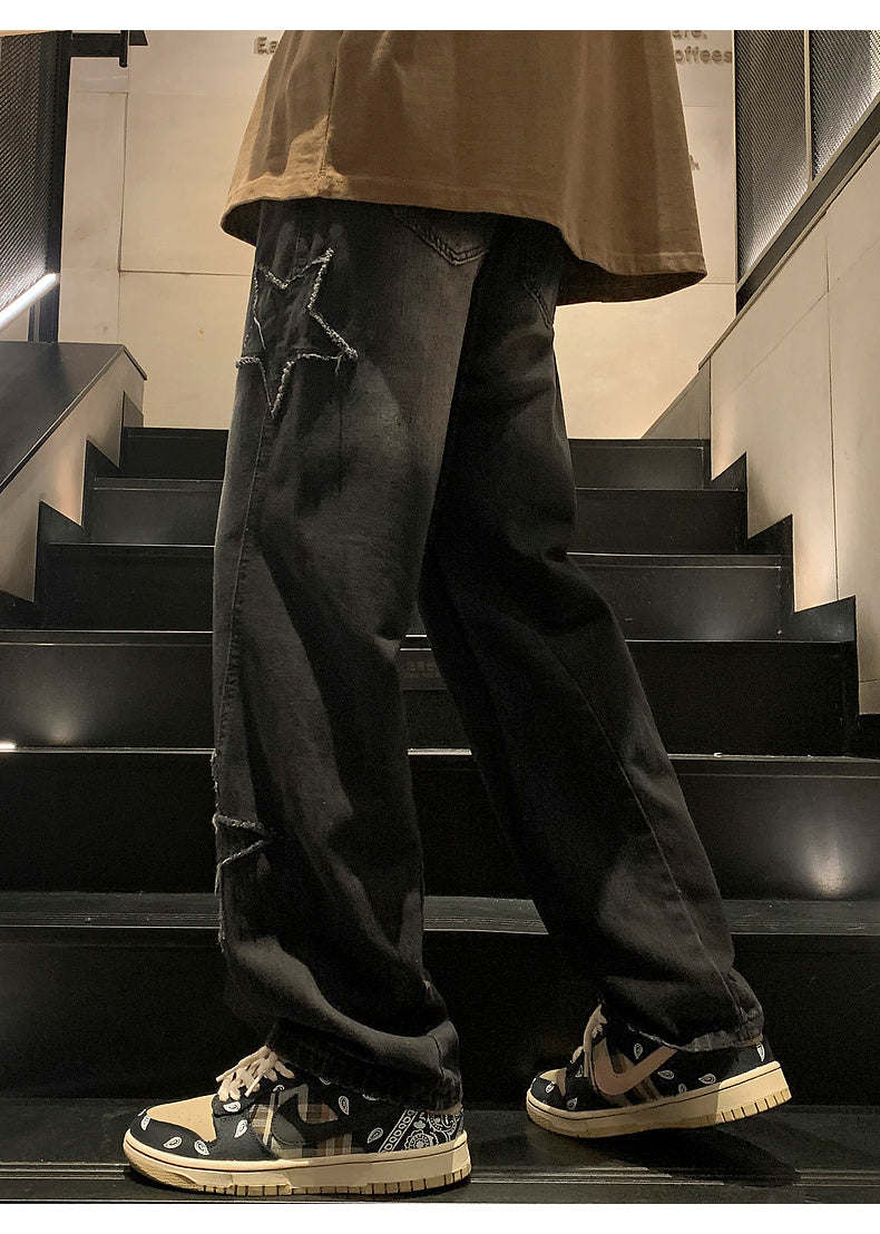 Star Embroidery Straight Casual Men Jeans Gothic Neutral New Wide Leg Loose Hip-hop Fashion Youth Streetwear Denim Trousers Y2K - Tasawoq