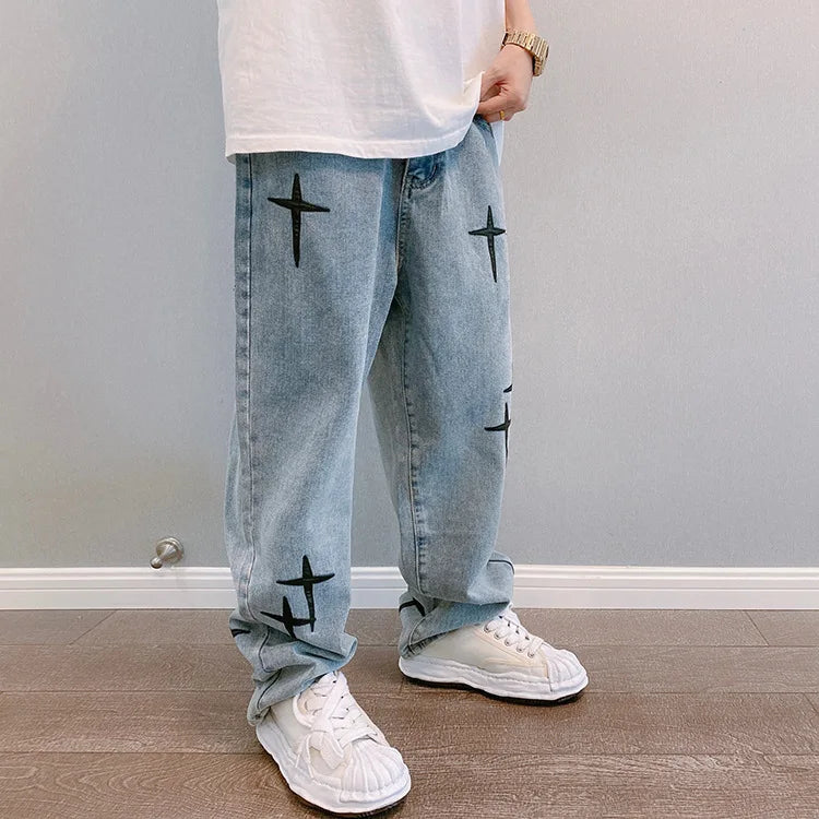 Prints Jeans Men 2023 New Streetwear Baggy Wide Leg Jeans Korean Fashion Drapes Straight Casual Loose Denim Cargo Pants - Tasawoq