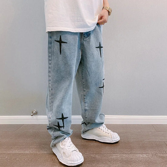 Prints Jeans Men 2023 New Streetwear Baggy Wide Leg Jeans Korean Fashion Drapes Straight Casual Loose Denim Cargo Pants - Tasawoq