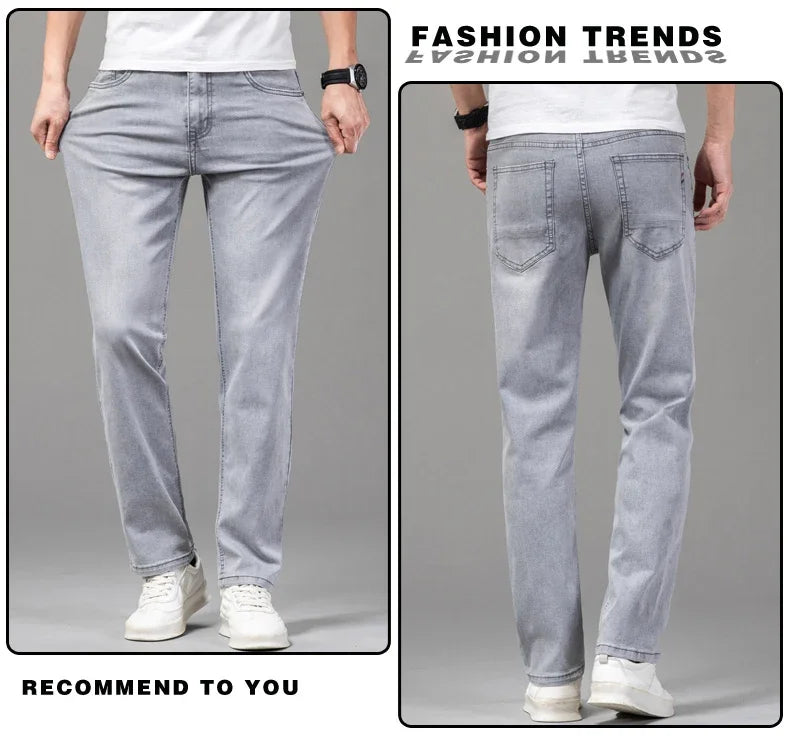 Summer Thin Men's Elastic Cotton Jeans Fashion Gray Comfortable Business Straight Casual Pants Brand Male Clothes Trousers - Tasawoq