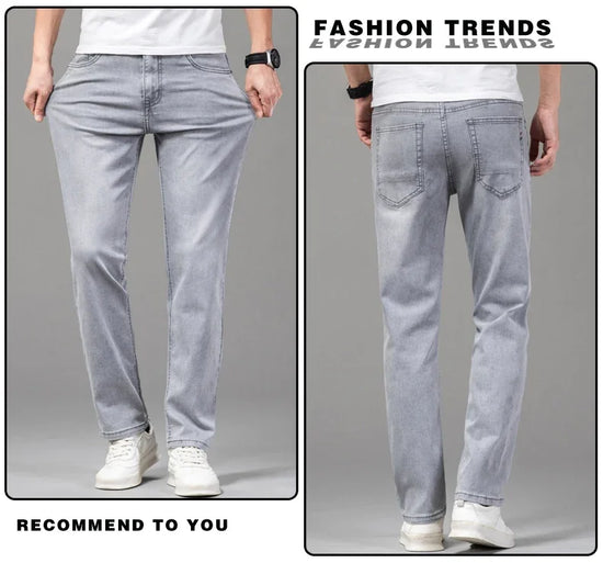 Summer Thin Men's Elastic Cotton Jeans Fashion Gray Comfortable Business Straight Casual Pants Brand Male Clothes Trousers - Tasawoq