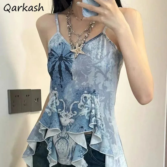 Asymetrical Tanks Camis for Women Niche Design Summer Personality Girls Clothing Fashion Tie Dye Outwear Casual Chic Students - Tasawoq