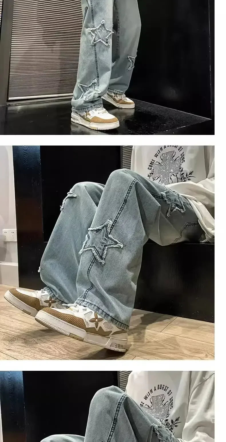 Stars Patchwork Men Jeans New Fashion Y2K Tassel Pants Korea Clothes Straight Hip Hop Splicing Trousers Male Streetwear - Tasawoq