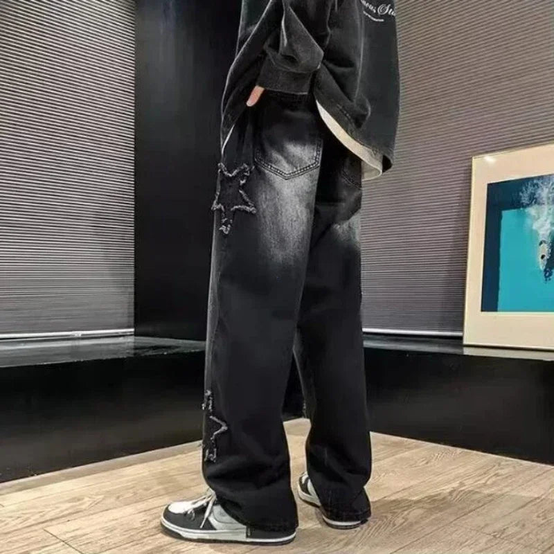 Stars Patchwork Men Jeans New Fashion Y2K Tassel Pants Korea Clothes Straight Hip Hop Splicing Trousers Male Streetwear - Tasawoq