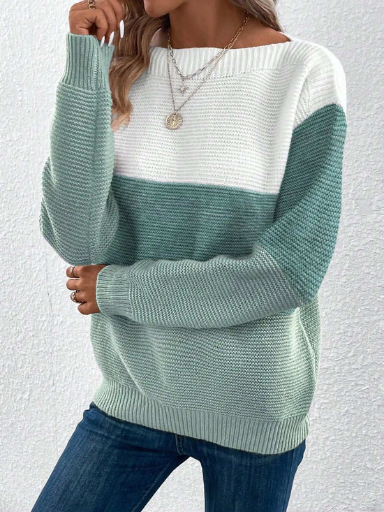 Elegant Three-color Patchwork Sweater Women Daily Commuter Casual Loose Jumpers Female Autumn Winter Knitted Thickened Warm Tops - Tasawoq