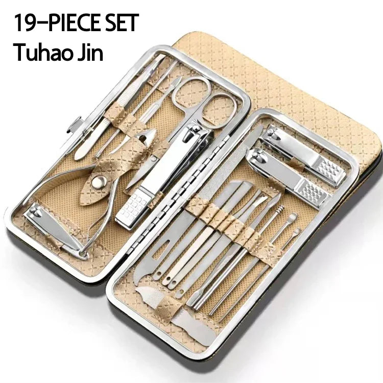 Nail art 19 piece set of beauty tools, home manicure, foot trimming, eagle beak pliers, care kit, nail knife, nail clipper set - Tasawoq