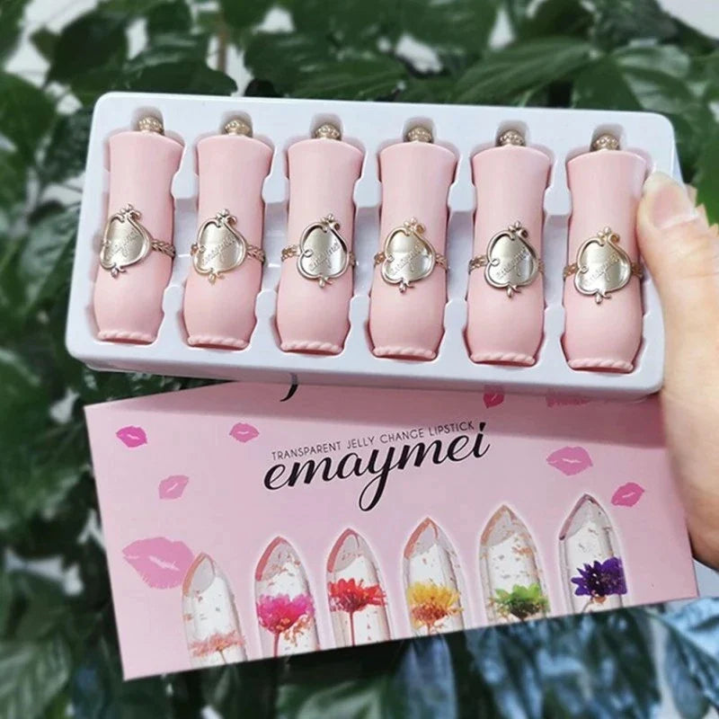 make up 6pcs Lipstick Set Flower Jelly Crystal Clear Long Lasting Lips Color Change Pink lip gloss Cosmetics - Tasawoq
