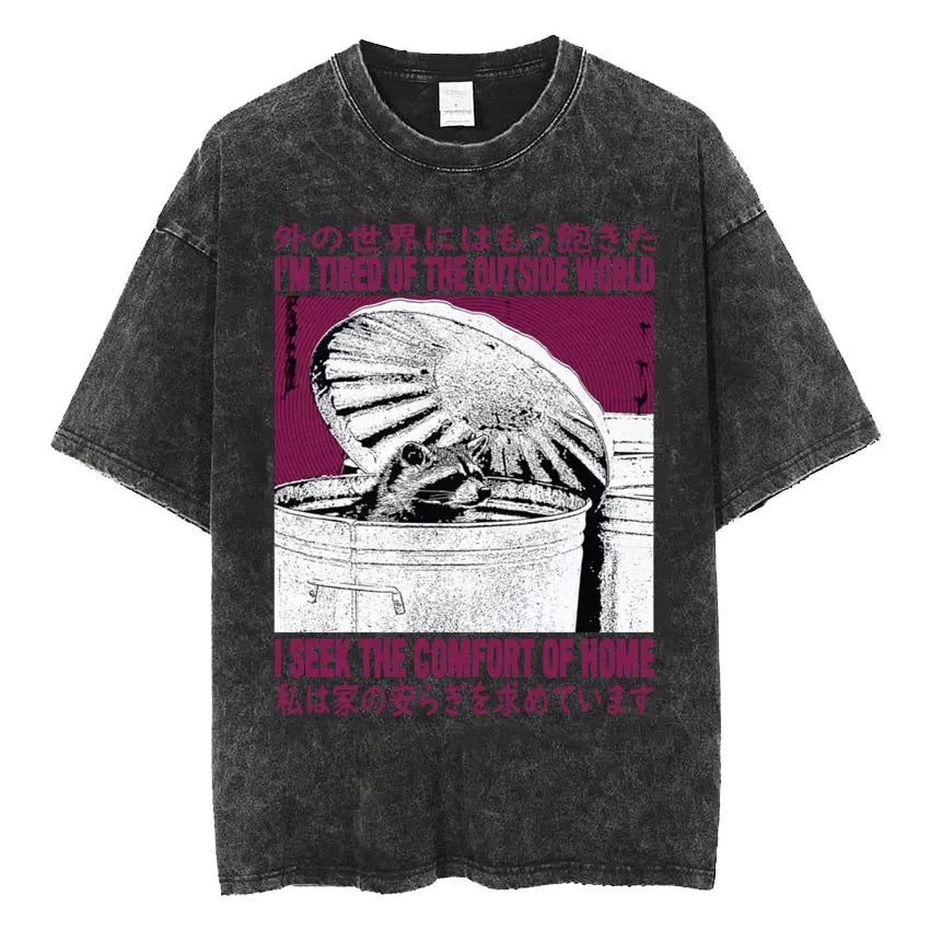 The Horrors Are Never Ending Yet I Remain Silly T-shirt Funny Japanese Style Frog Retro Washed T Shirt Men's Oversized Tees Tops - Tasawoq