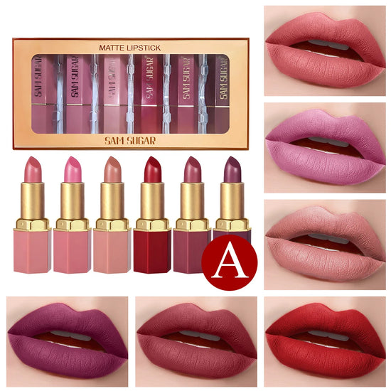 6 Colors Gold Bar Tube Lipstick Matte Texture Pearlescent Glitter Velvet Lipstick Valentine's Day Gift 6PCS - Tasawoq