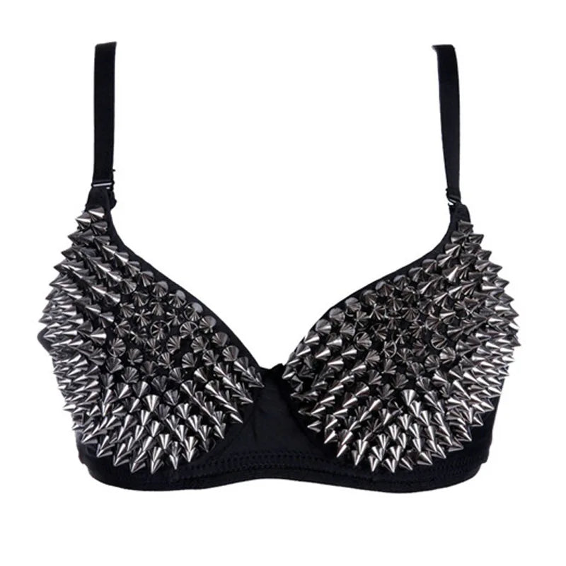 Silver Rivets Punk Rave Bralette Lingerie Gothic Bra Top Sexy Push Up Brassiere Nightclub Party Bar Fashion Hot Bras For Women - Tasawoq