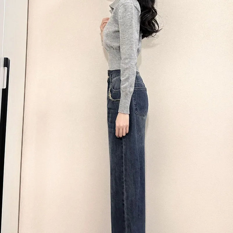 Xpqbb Korean Chic Turndown Collar Sweaters Female Gray Slim Fit Long Sleeve Cropped Sweater for Woman Streetwear Knit Pullovers - Tasawoq