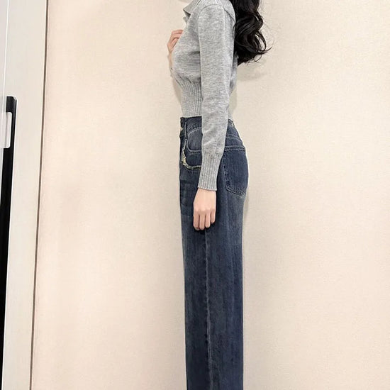 Xpqbb Korean Chic Turndown Collar Sweaters Female Gray Slim Fit Long Sleeve Cropped Sweater for Woman Streetwear Knit Pullovers - Tasawoq