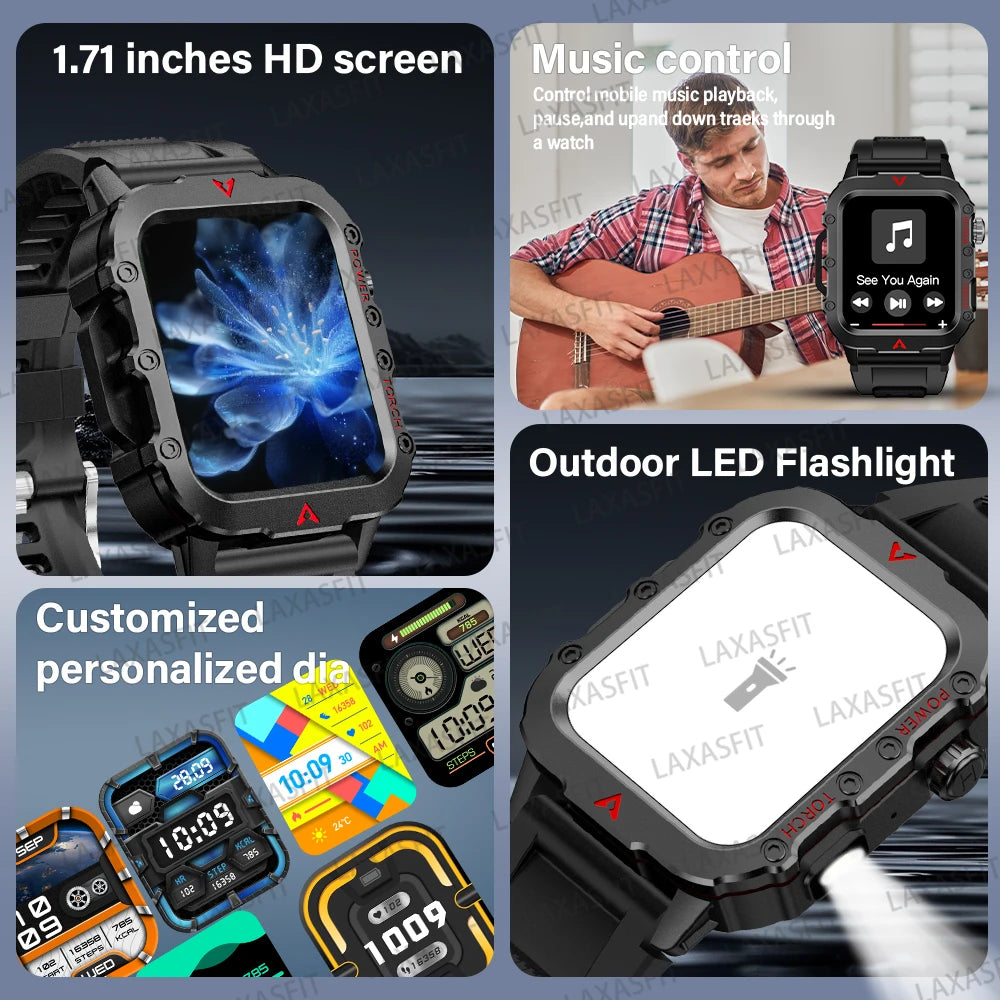 LAXASFIT 2024 Outdoor Military Men's Smart Watch Bluetooth Talk Sports Heart Rate Monitor Smart Watch Android IOS - Tasawoq