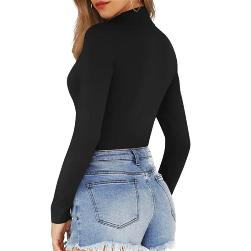 European and American casual women's standing neck solid color bottom top autumn sexy slim fitting long sleeved jumpsuit - Tasawoq