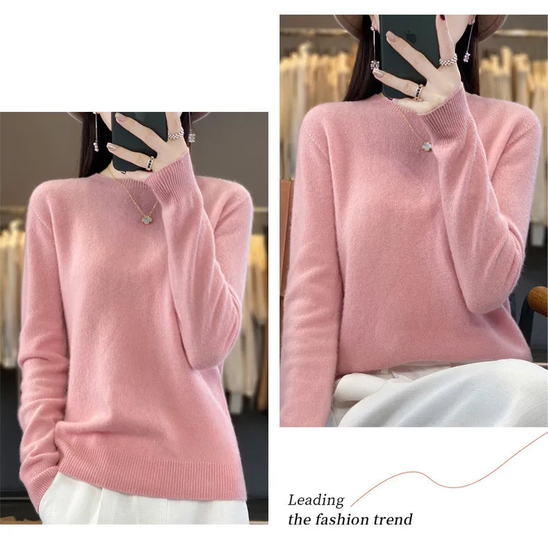 Women's 100% Beautiful Wool Round Neck Top Fashion Versatile Knitted Loose Long Sleeve Pullover Thin Sweater Yuan Ling - Tasawoq