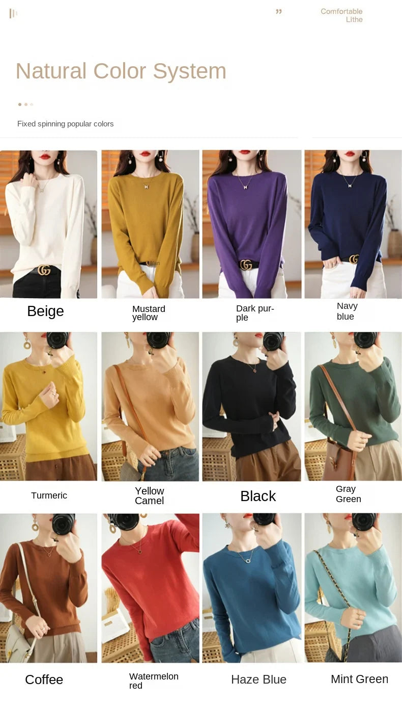 Women's 100% High-quality Cotton Knitted Sweater, Temperament Round Neck Top, Breathable And Versatile Pullover, Long Sleeved - Tasawoq