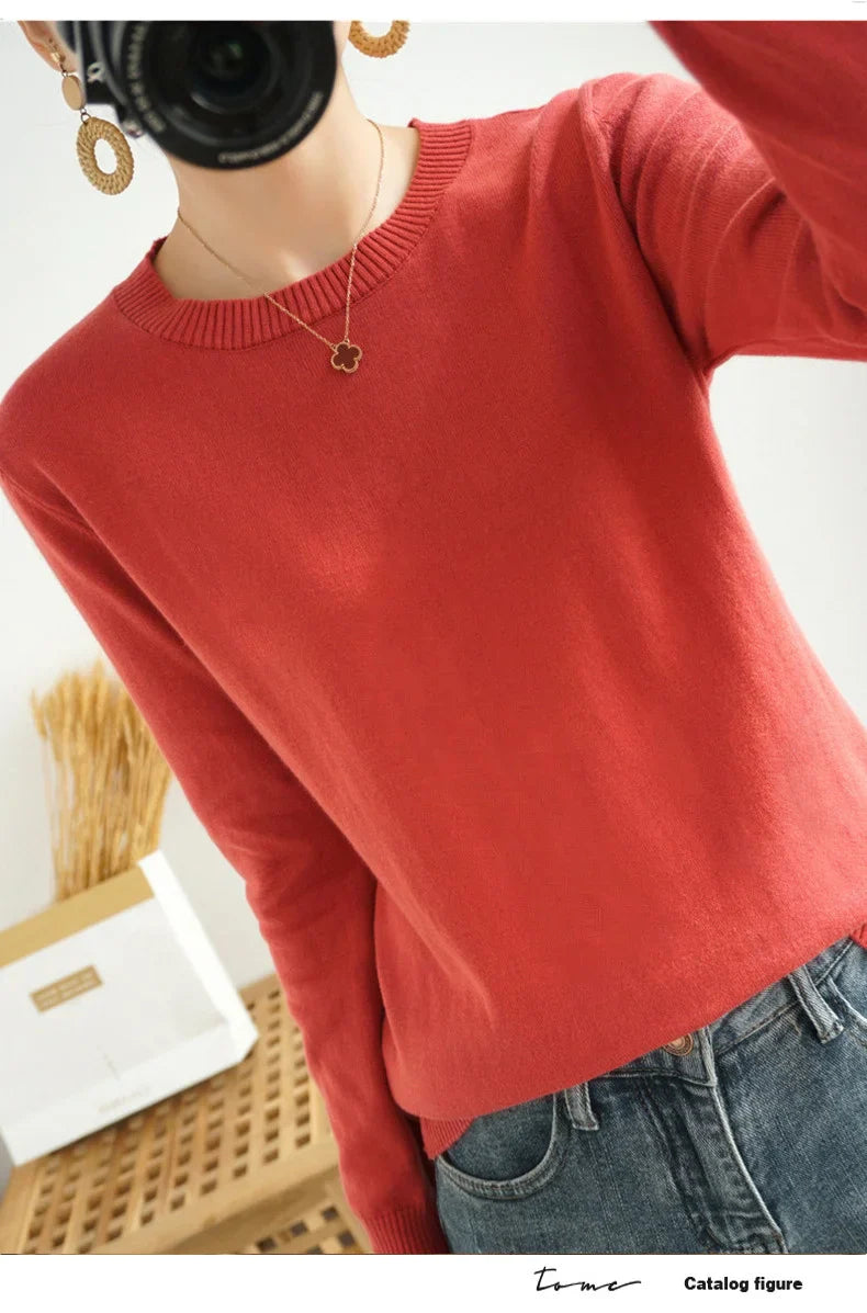 Women's 100% High-quality Cotton Knitted Sweater, Temperament Round Neck Top, Breathable And Versatile Pullover, Long Sleeved - Tasawoq