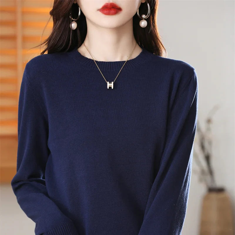 Women's 100% High-quality Cotton Knitted Sweater, Temperament Round Neck Top, Breathable And Versatile Pullover, Long Sleeved - Tasawoq