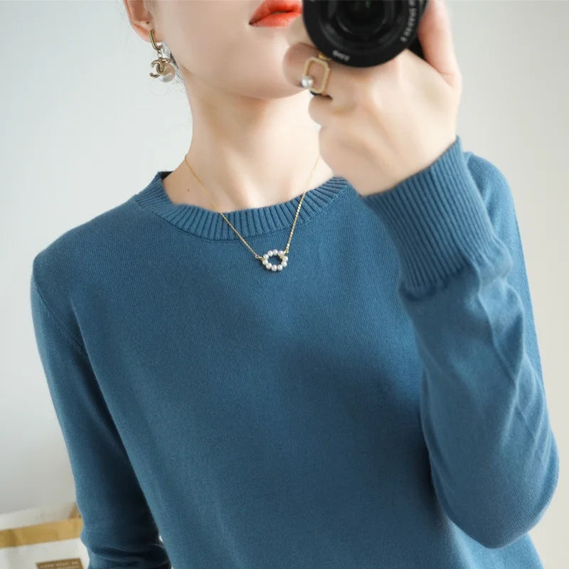 Women's 100% High-quality Cotton Knitted Sweater, Temperament Round Neck Top, Breathable And Versatile Pullover, Long Sleeved - Tasawoq