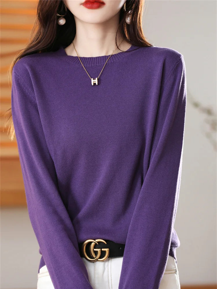 Women's 100% High-quality Cotton Knitted Sweater, Temperament Round Neck Top, Breathable And Versatile Pullover, Long Sleeved - Tasawoq