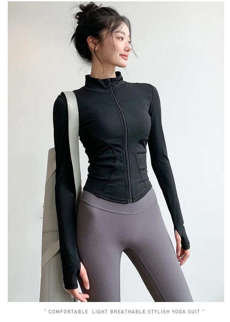 Long Sleeve Sports Jacket Women Zip Fitness Yoga Shirt Winter Warm Gym Top Activewear Running Coats Workout Clothes For Cycling - Tasawoq