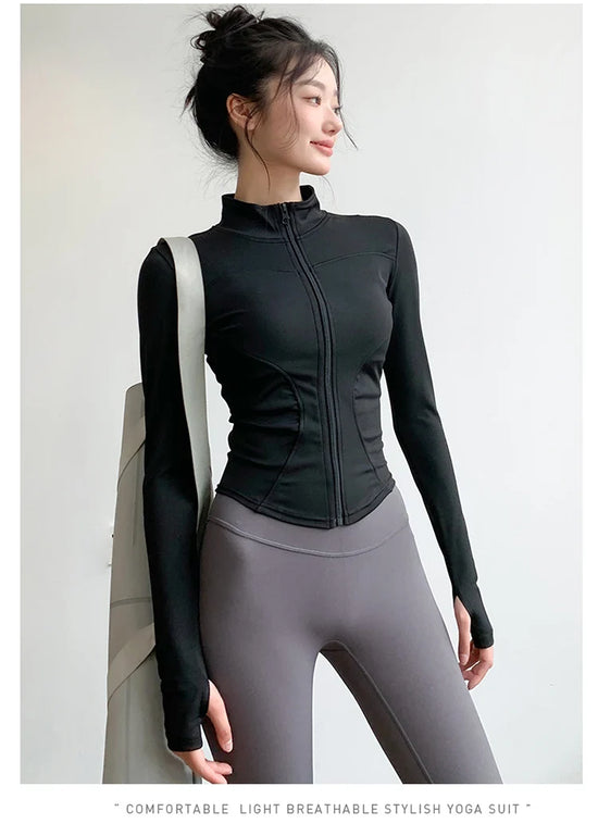 Long Sleeve Sports Jacket Women Zip Fitness Yoga Shirt Winter Warm Gym Top Activewear Running Coats Workout Clothes For Cycling - Tasawoq