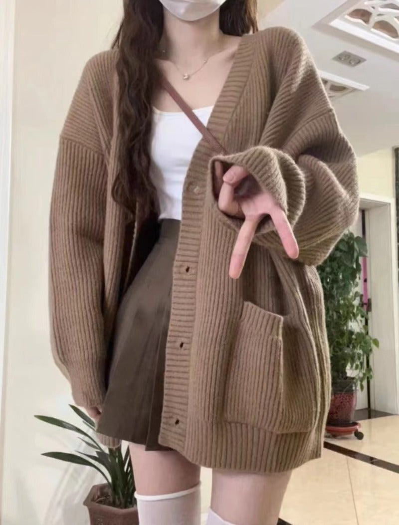 Autumn Winter Women Cardigan Sweater Coats Fashion Female Long Sleeve V-neck Loose Knitted Jackets Casual Sweater Cardigans - Tasawoq
