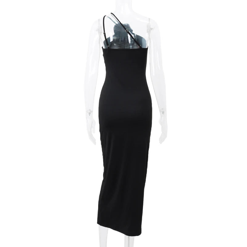 WhereMery Elegant Women Solid Sleeveless Slim Dress Aesthetic Oblique Strap Backless Prom Dresses Fashion Evening Party Clothing - Tasawoq