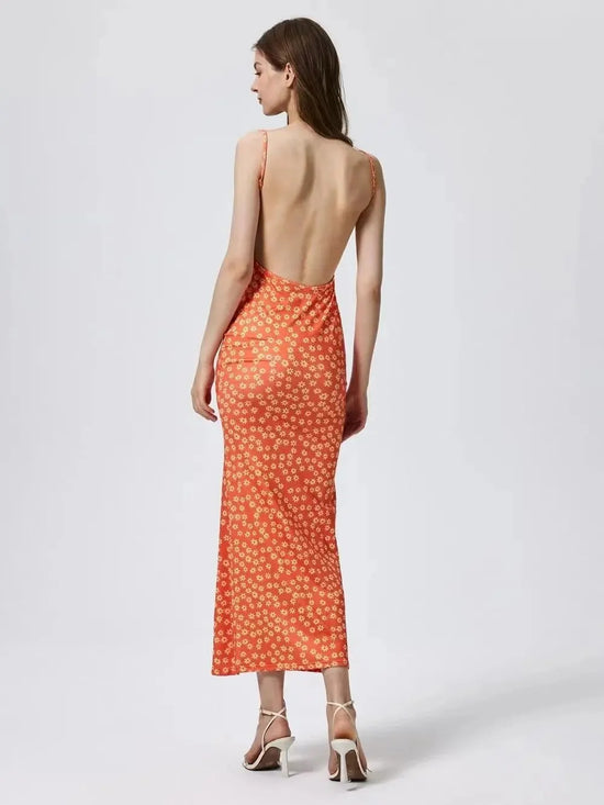 Long Floral Suspender Dress Nsummer Sexy Backless Slimming Beach Dress Fashionable Simple Printed Banquet Women's Clothing - Tasawoq