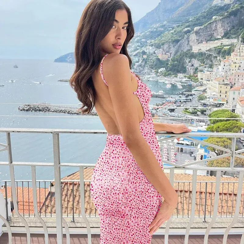 Long Floral Suspender Dress Nsummer Sexy Backless Slimming Beach Dress Fashionable Simple Printed Banquet Women's Clothing - Tasawoq
