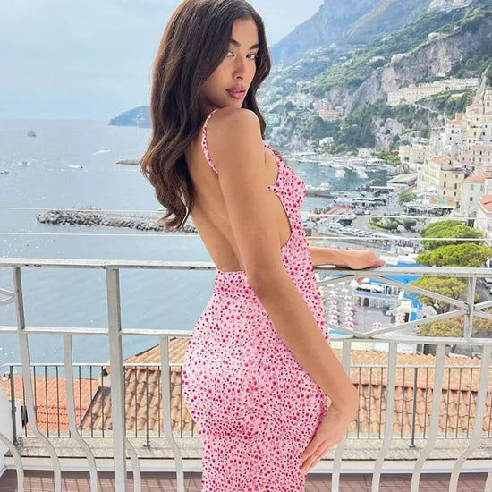 Long Floral Suspender Dress Nsummer Sexy Backless Slimming Beach Dress Fashionable Simple Printed Banquet Women's Clothing - Tasawoq