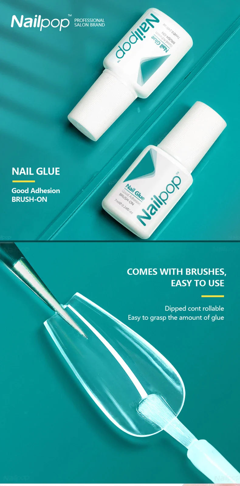 Nailpop Nail Glue for False Tips Glitter Acrylic Nail Art Adhesive Manicure Tool Rhinestone Glue Bottle Cap with Brush 2pcs - Tasawoq
