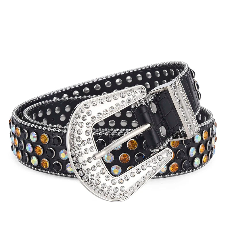 Men's Jeans Rhinestone Large Size Belt Women's Belt Western Denim Shiny Rivet Design Leather HipHop Punk Rock Y2K Style Belt - Tasawoq
