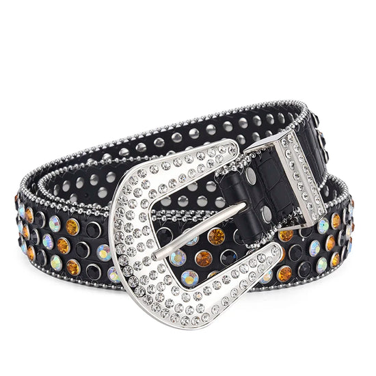 Men's Jeans Rhinestone Large Size Belt Women's Belt Western Denim Shiny Rivet Design Leather HipHop Punk Rock Y2K Style Belt - Tasawoq